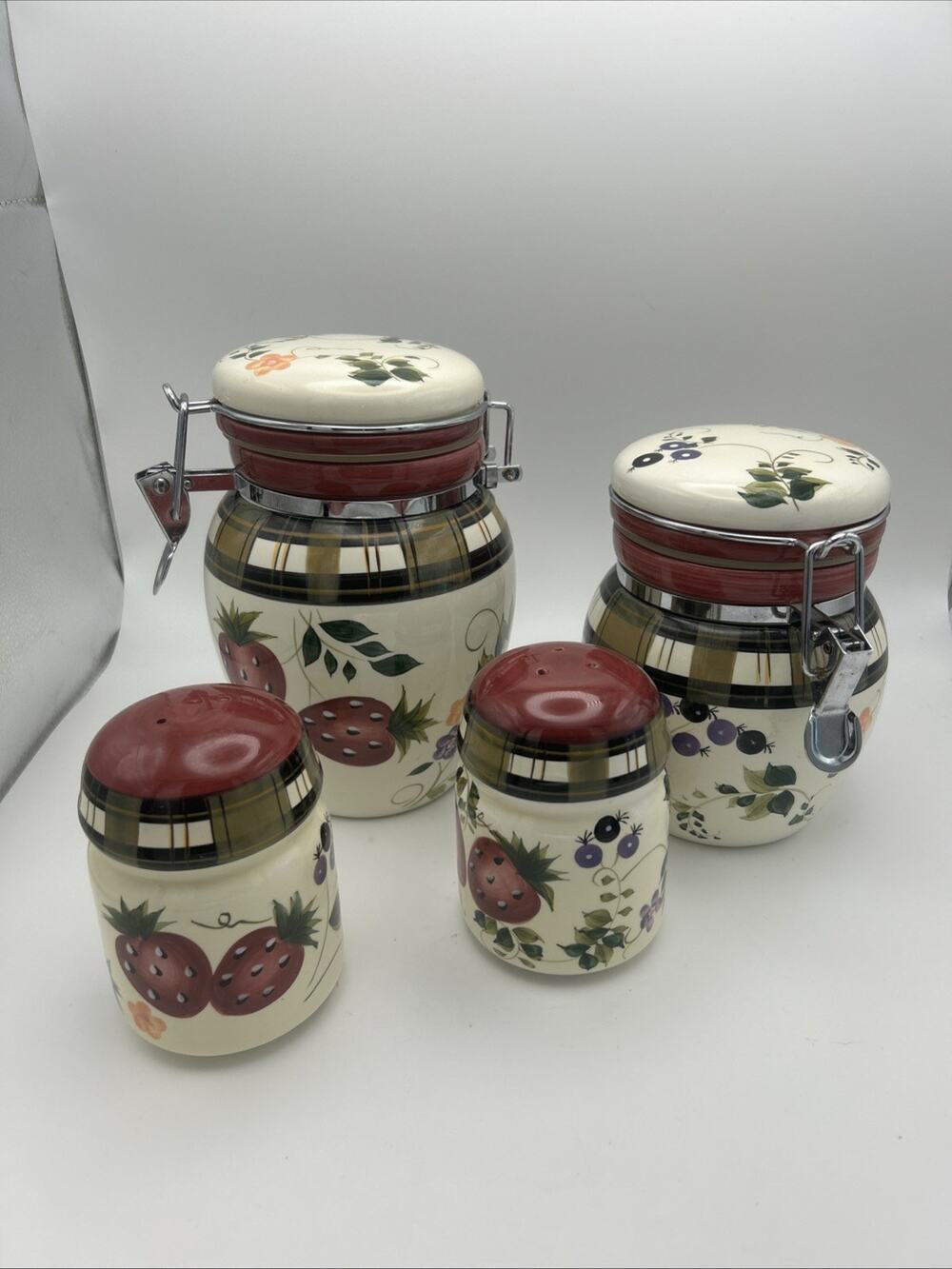 Vintage Oneida. Strawberry Plaid Canisters And Shakers. Discontinued In 2002.
